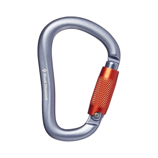 Black Diamond Rock Lock Twist lock carabiner in grey and orange design.