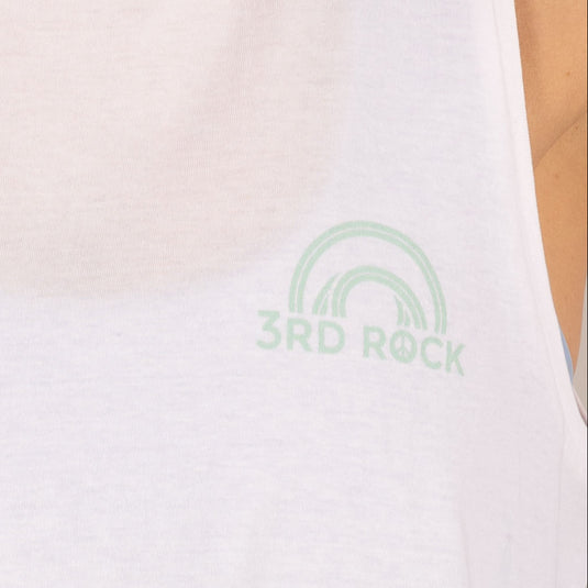3rd Rock Horizon vest worn by model - close up of front design with peace sign in 3rd rock logo