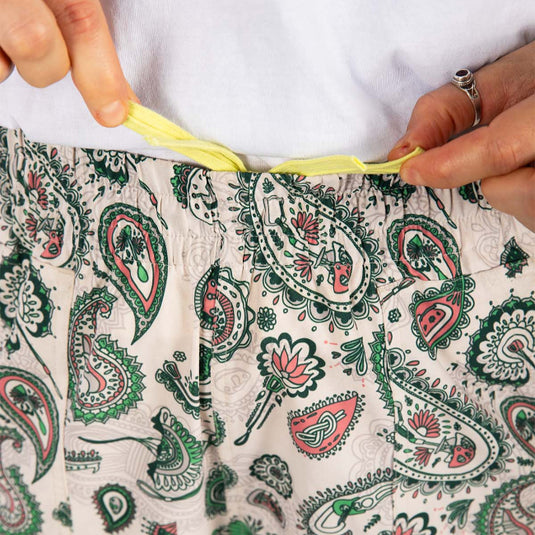3rd Rock Ash short in Paisley Tropics - worn by model - Close up of waistband