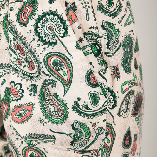 3rd Rock Ash short in Paisley Tropics - worn by model - Close up of print with hidden climbing related motifs
