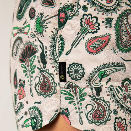 3rd Rock Ash short in Paisley Tropics - worn by model - Close up of print with hidden climbing related motifs