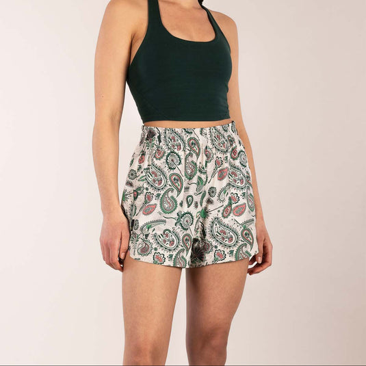 3rd Rock Ash short in Paisley Tropics - worn by model with luna bra in toad colour