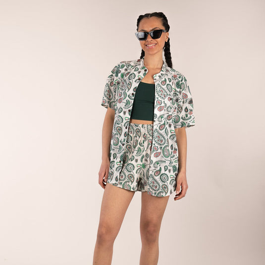 3rd Rock Desi Shirt short in Paisley Tropics - worn by model with matching shorts