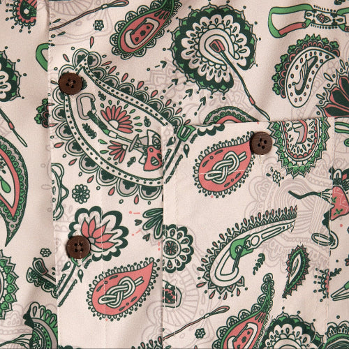 3rd Rock Desi Shirt short in Paisley Tropics - worn by model - close up of chest pocket and design