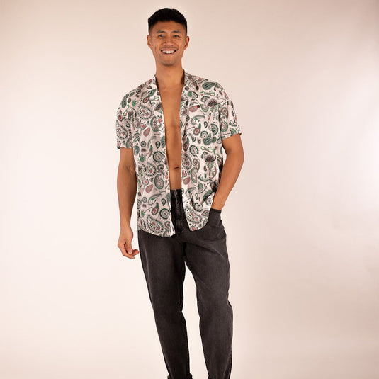 3rd Rock Desi Shirt short in Paisley Tropics - worn by male model unbuttoned