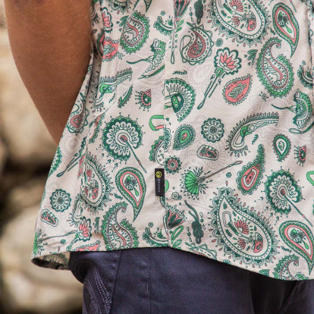 3rd Rock Desi Shirt short in Paisley Tropics - worn by model - close up of print
