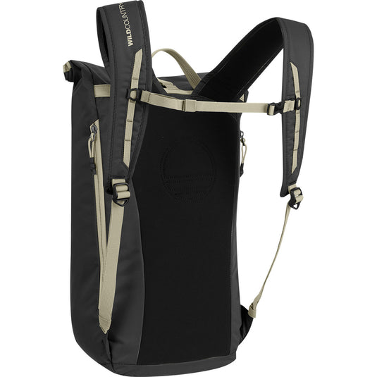Wild COuntry FLow backpack in onyx with roll top open - rear view of backpack straps