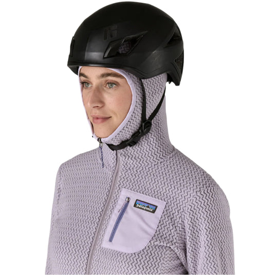 Women's R1® Air Full-Zip Hoody - Foxglove purple - worn by model wearing helmet over hood