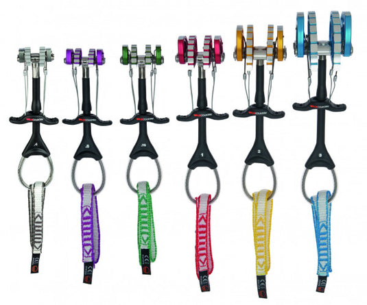 Wild Country Friends Cam Set in Varied sizes. 0.4 grey, 0.5 purple, 0.75 green, 1 red, 2 yellow, 3 blue.