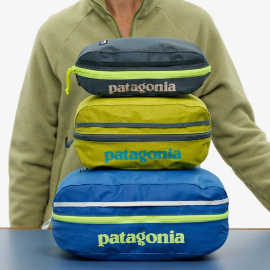 Patagonia Black Hole Cube in 3L, 6L & 14L stacked on top of one another for size comparison.
