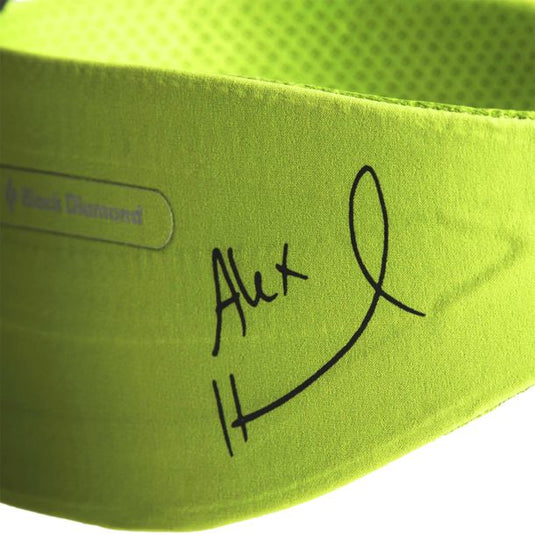 Close up of Alex Honnold Signature on green leg loop