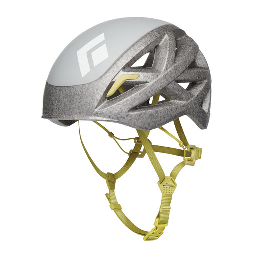 A Vapor Helmet by Black Diamond in Pewter with yellow chin strap