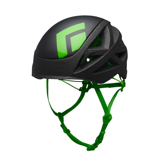 A Vapor Helmet by Black Diamond in Black with green chin strap