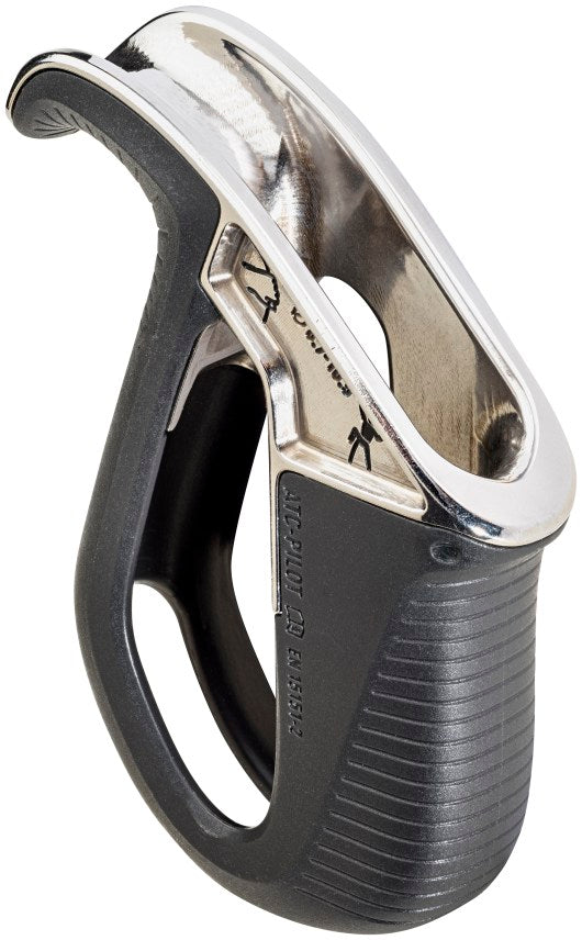 Black Diamond ATC pilot belay device in black, spout design is highlighted