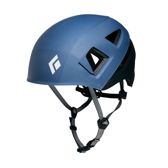 A capitan Helmet by black diamond in astral blue with black chin straps