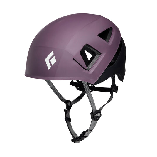 A capitan Helmet by black diamond in Mulberry with black chin straps