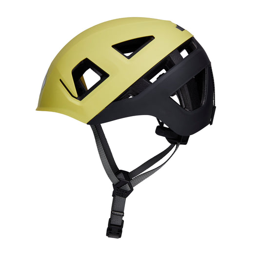 A capitan Helmet by black diamond in Lemongrass with black chin straps - side profile