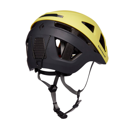 A capitan Helmet by black diamond in Lemongrass with black chin straps - rear view