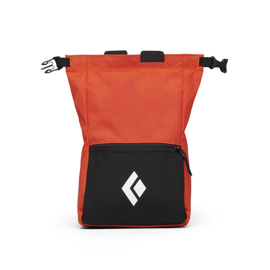 Black Diamond Team Chalk Pot in orange and black design with black diamond logo on the front pocket