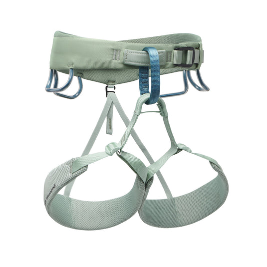 Black Diamond Momentum harness in pale green. Adjsutable waist belt and leg loops