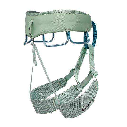 Black Diamond Momentum harness in pale green, with four gear loops