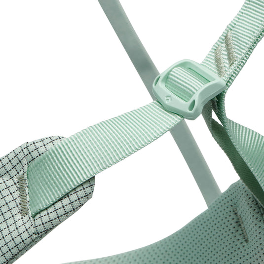Close up of adjustable leg loops of momentum harness by black diamond