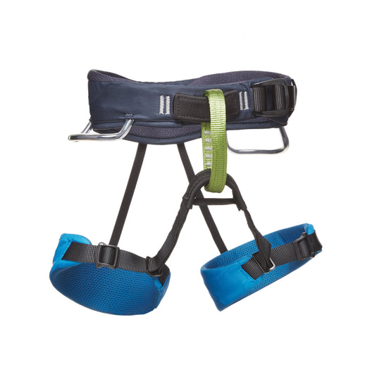 A blue and black momentum Kids harness by Black Diamond. With 2 gear loops and adjustable waistbelt and leg loops.