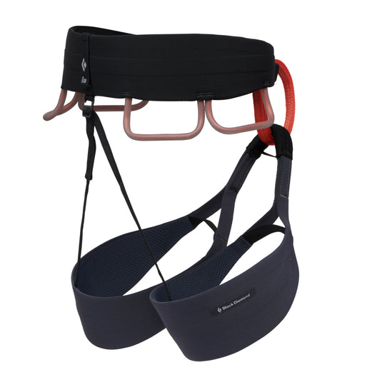 black designed solution harness by Black Diamond. Fixed leg loops and adjustable waist belt