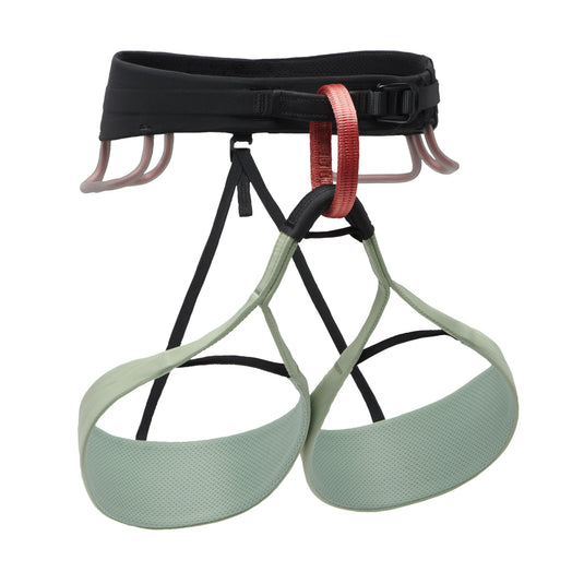 green and black solution harness by Black diamond. fixed leg loops and four gear loops