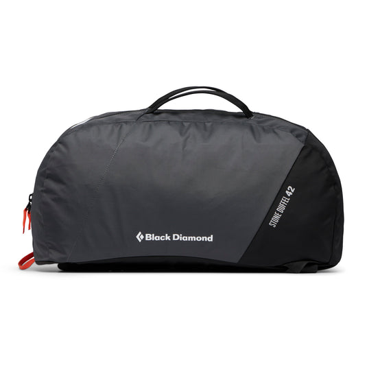 Black Diamond Stone 42 duffel bag in carbon - side view with focus on carry handles