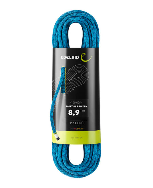 Blue Edelrid Swift 48 Pro Dry 8,9mm rope, coiled in black packaging