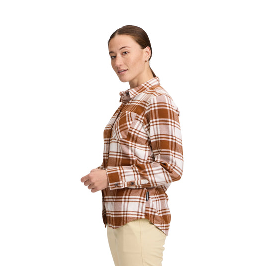 Black Diamonds Women's Project Flannel in Clay-Off white Plaid - worn by model facing side