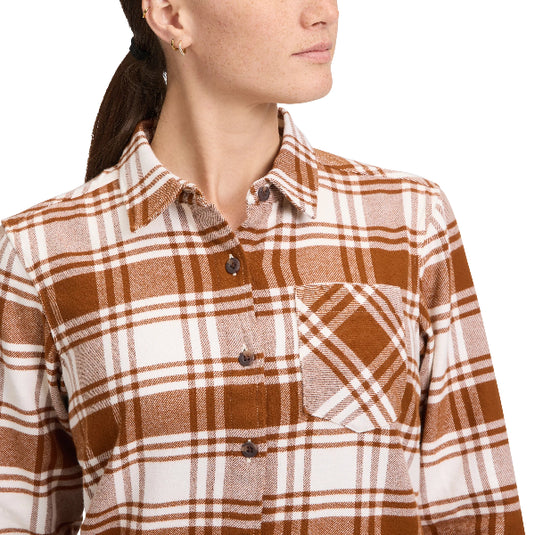 Black Diamonds Women's Project Flannel in Clay-Off white Plaid - worn by model - close up pattern