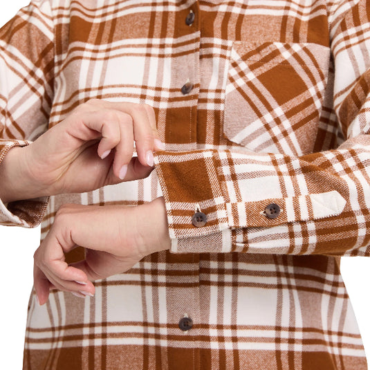 Black Diamonds Women's Project Flannel in Clay-Off white Plaid - worn by model - close up of cuffs