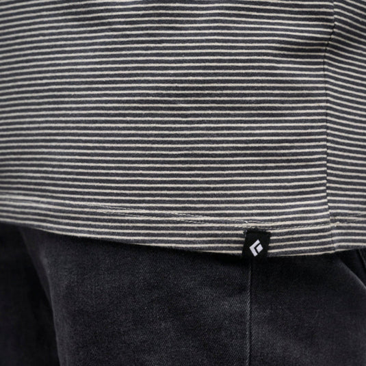 close up of stripe design and BD logo on hem of the bottom of the BD stripe Tee