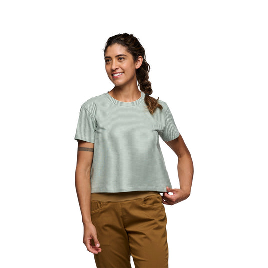 Black Diamond Womens Stripe Crop Tee in foam green - laurel green - worn by model