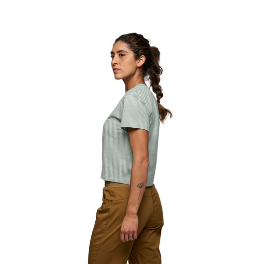 Black Diamond Womens Stripe Crop Tee in foam green - laurel green - worn by model turned to side