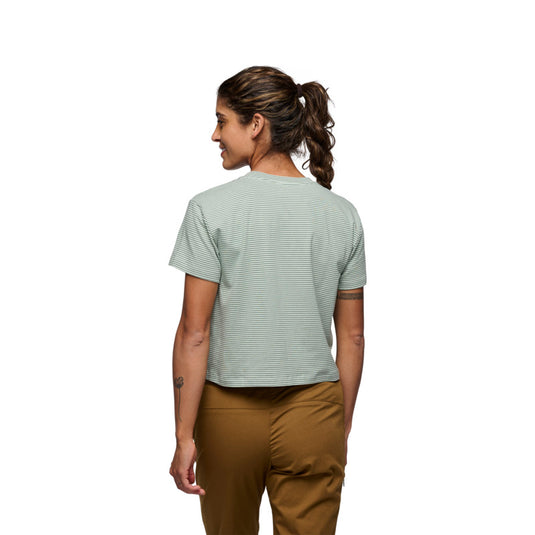 Black Diamond Womens Stripe Crop Tee in foam green - laurel green - worn by model facing away
