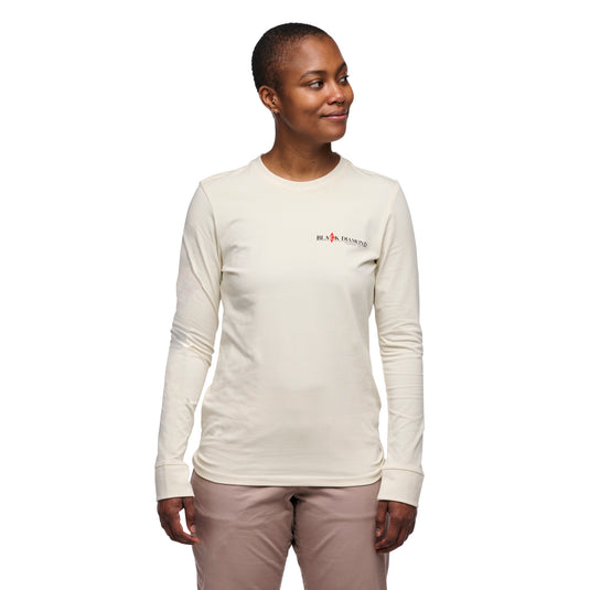 Black Diamond Womens Heritage Wordmark Long Sleeve Tee in off white worn by model