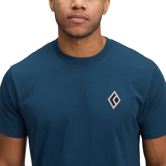 Men's Heritage Alpinist Short Sleeve Tee in Indigo - worn by model - close up small diamond logo on chest