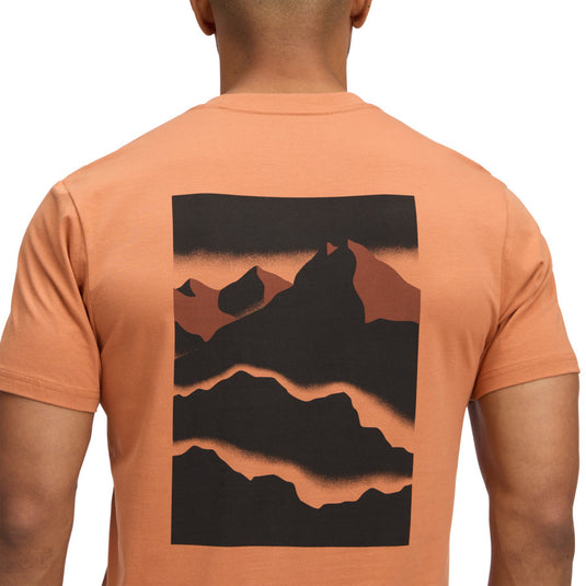 Black Diamond Mens Mountainscape Short Sleeve Tee in Moab Brown - worn by model facing away - close up of mountain graphic