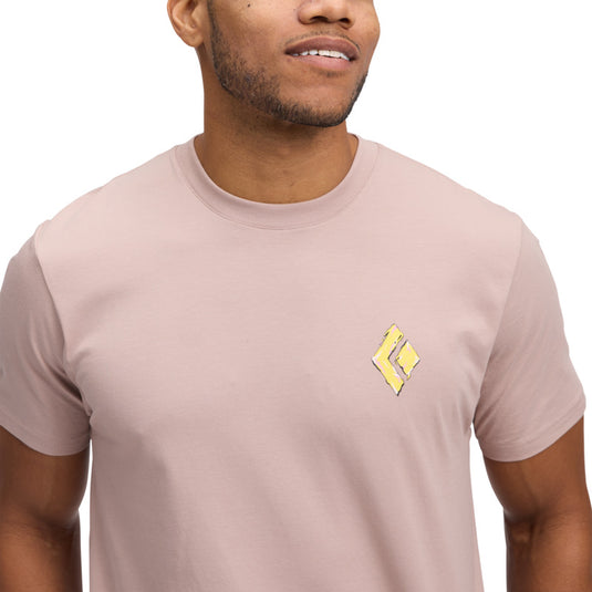 Men's Shredded Short Sleeve Tee in Pale Muave worn on model - close up of front logo