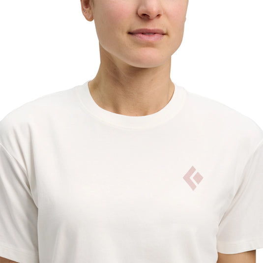 Black Diamond Women's Heritage Badge Short Sleeve Tee in off white- with BD logo on chest worn by model
