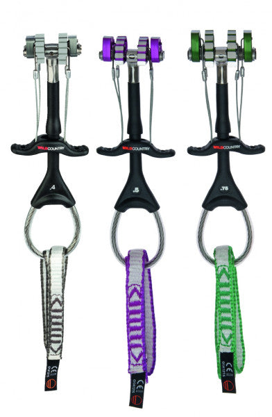 Wild Country Friends Cam Set in Varied sizes. 0.4 grey, 0.5 purple, 0.75 green,