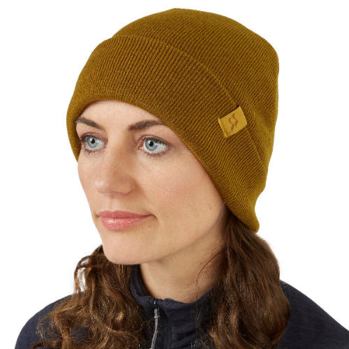 Rab Adzuki Beanie in Sahara worn by model