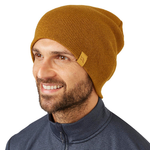 Rab Adzuki Beanie in Sahara worn by model