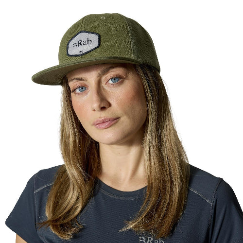 Rab Axion Badge Cap in Army Light Khaki worn by model