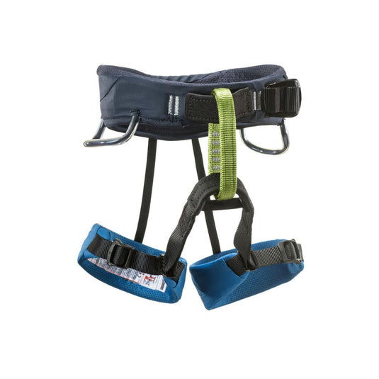 A blue and black momentum Kids harness by Black Diamond. With 2 gear loops and adjustable waistbelt and leg loops.