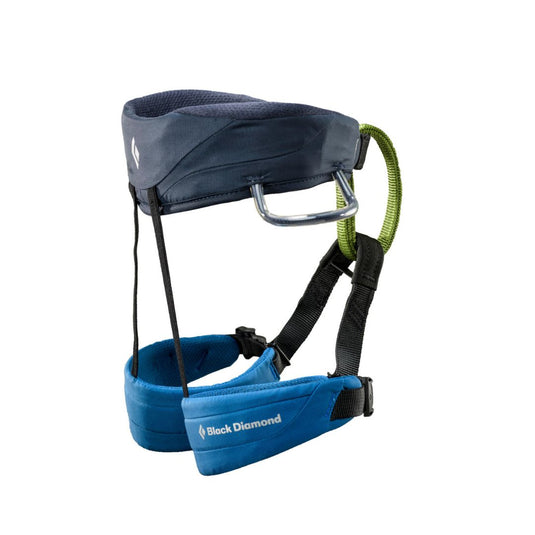 A blue and black momentum Kids harness by Black Diamond. With 2 gear loops and adjustable waistbelt and leg loops.