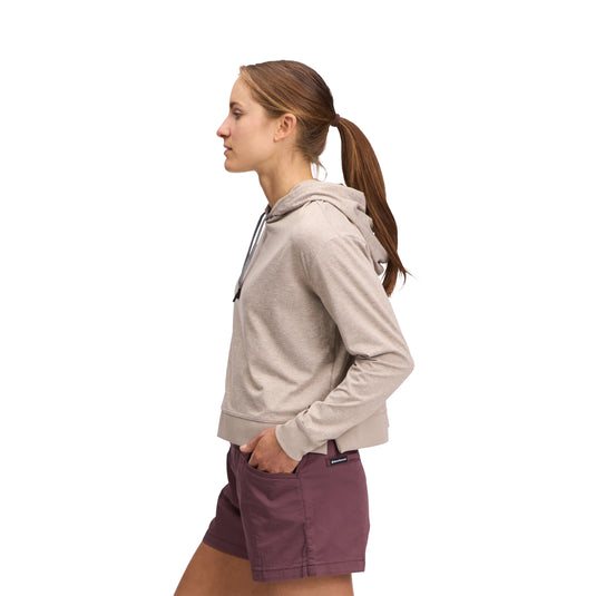Women's Circuit Midlayer Hoody in moonstone worn by model facing side